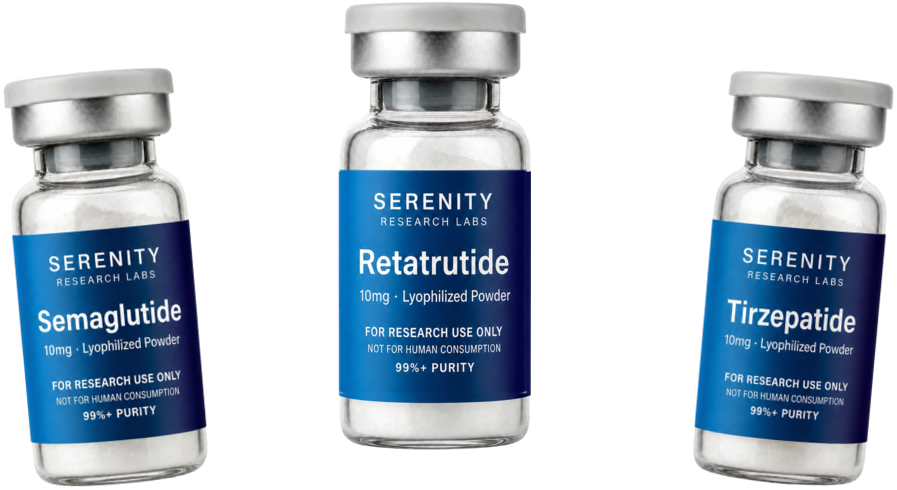 Separate Semaglutide, Retatrutide 10 milligram, and Tirzepatide research-material vials