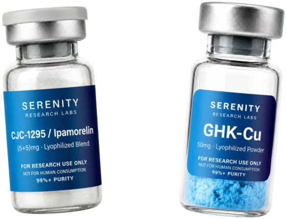 CJC-1295 and Ipamorelin blend vial beside GHK-Cu vial