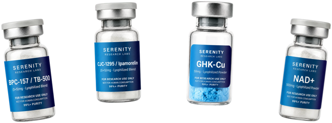 BPC-157 and TB-500 blend, CJC-1295 and Ipamorelin blend, GHK-Cu, and NAD plus research vials