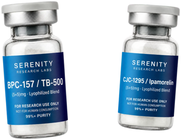BPC-157 and TB-500 blend vial beside CJC-1295 and Ipamorelin blend vial